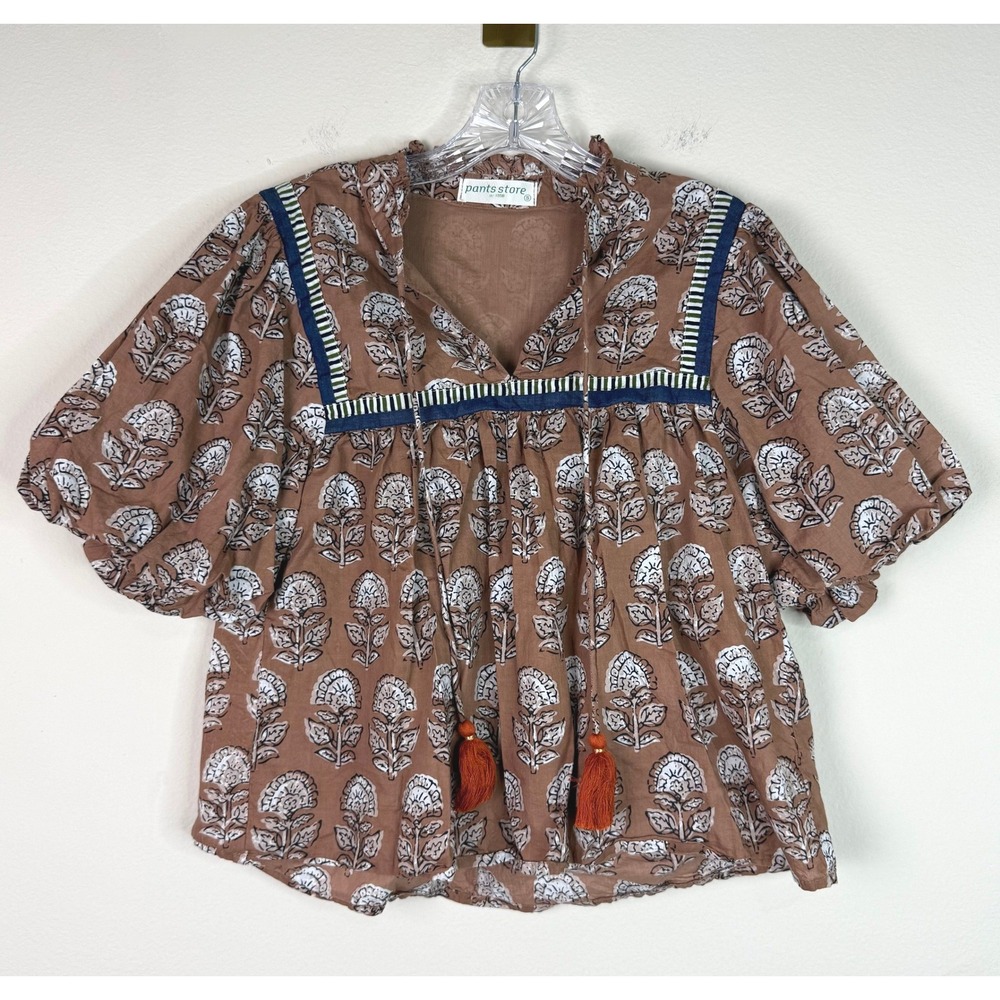 Pants Store Top Womens Small Floral Boho Tassel Cotton Blouse Cotton Oversized